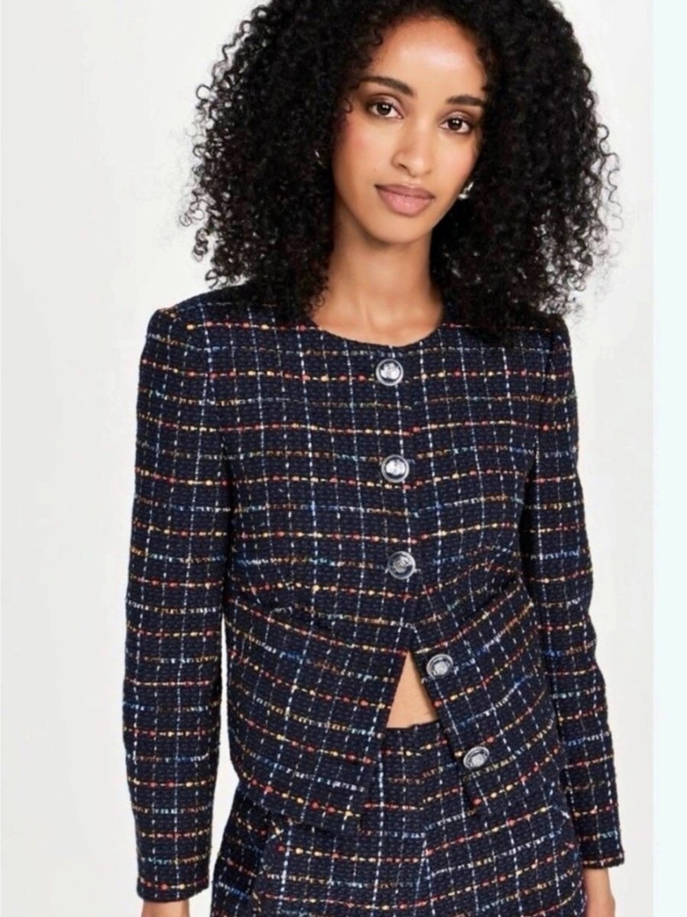 Veronica Beard Nathan Tweed Plaid Collarless Jacket Navy Multicolor Size 14